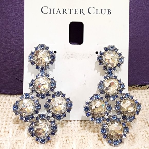 NWT Charter Club Blue White Dramatic Rhinestone Dangle Party Pierced Earrings - Picture 9 of 10